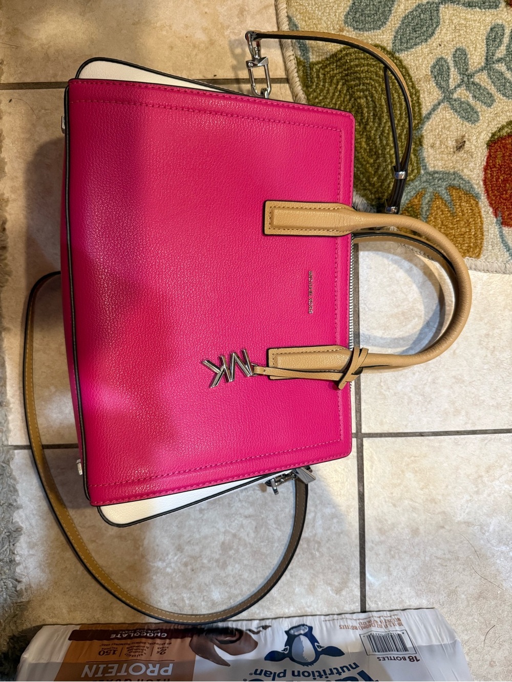 Michael Kors Laila Medium Satchel Hot Pink and Tan Leather with MK Charm